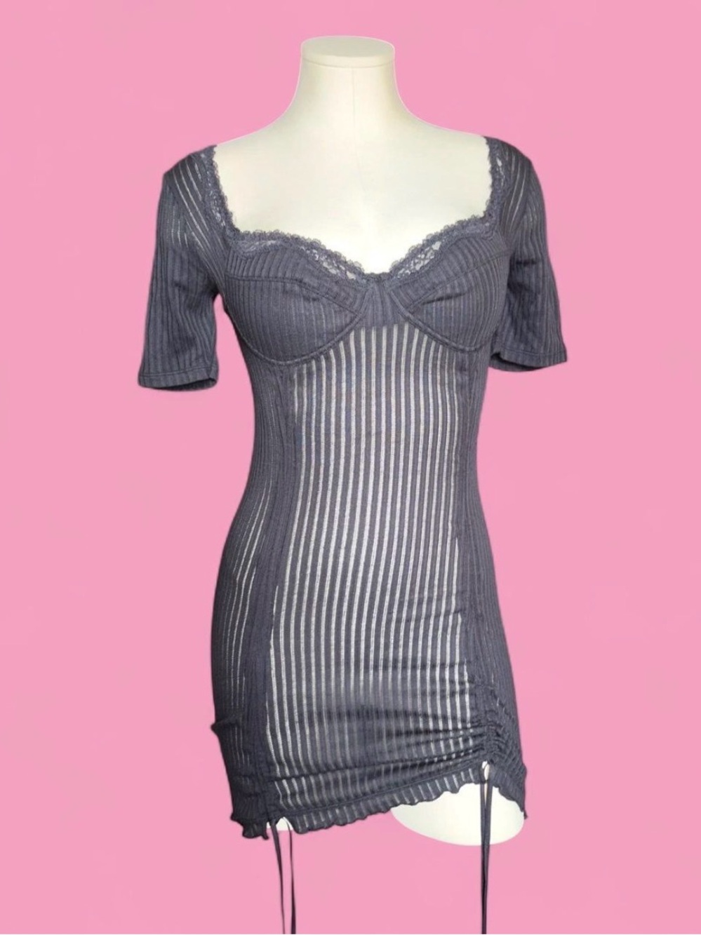 Savage X Fenty Charcoal Gray Ribbed Lace-Trim Mini Dress